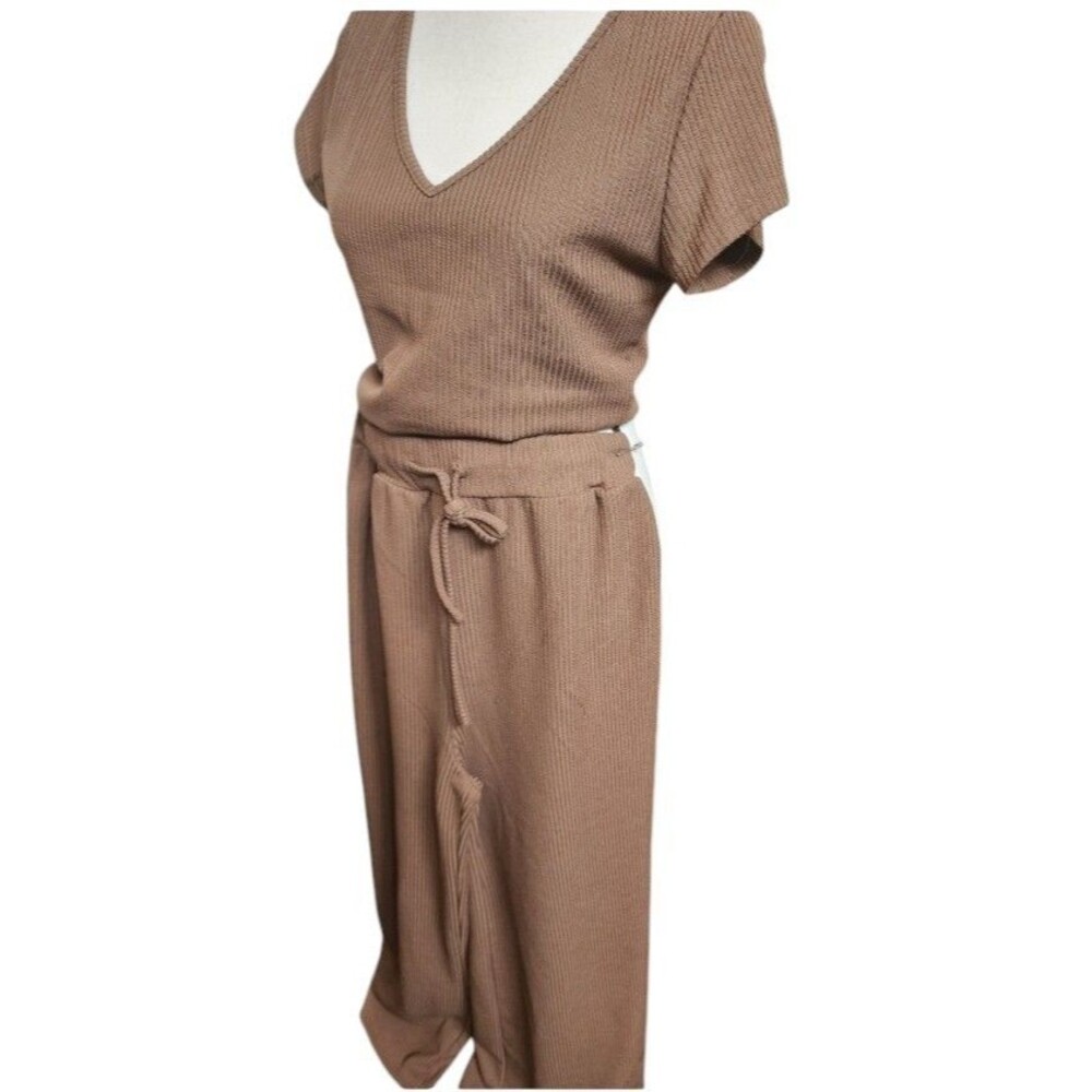 CIDER 2 Piece Pants Set Ribbed Knit Size Medium Coffee Color Lounge Leisure